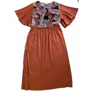 Luukse Maxi Dress 1XL Paisley Orange Boho Tassel Ruffle Short Sleeve